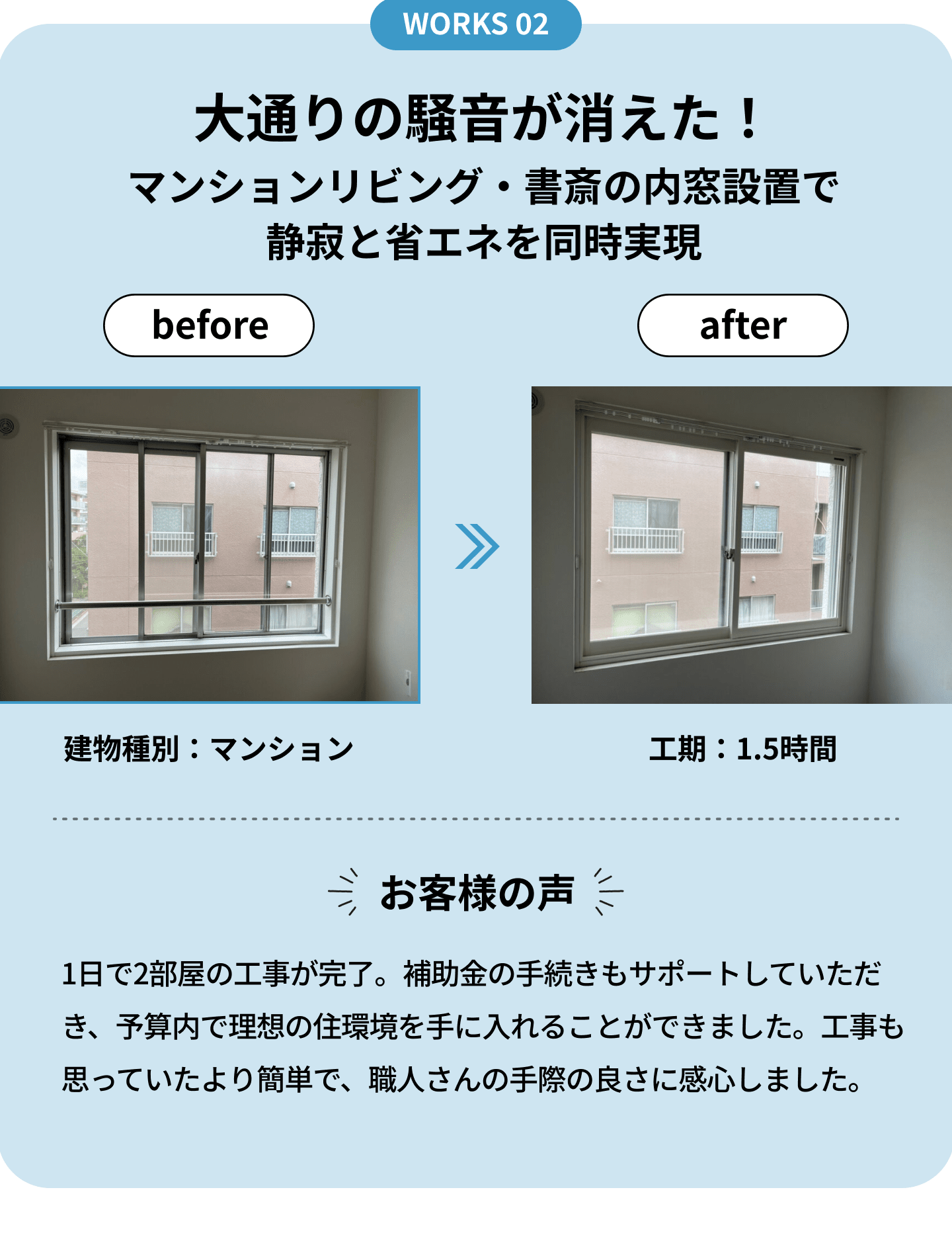 WORKS02_大通りの騒音が消えた！マンションリビング・書斎の内窓設置で静寂と省エネを同時実現