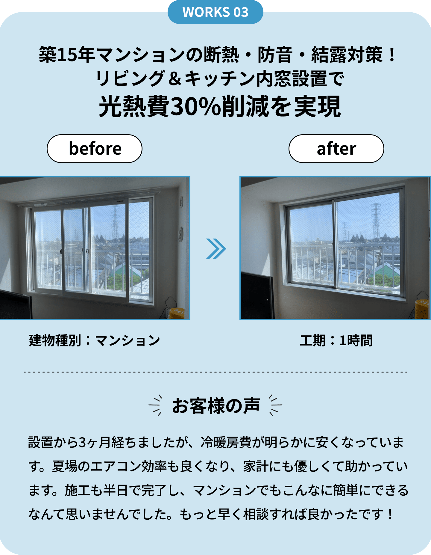 WORKS03_築15年マンションの断熱・防音・結露対策！リビング＆キッチン内窓設置で光熱費30%削減を実現