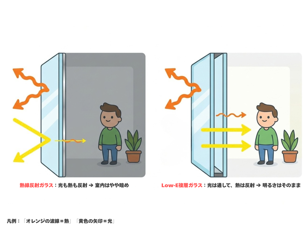 熱線反射ガラスとLow-E複層ガラスの違いの図解。熱線反射ガラスは光も熱も反射し、Low-E複層ガラスは光を通して熱を反射する