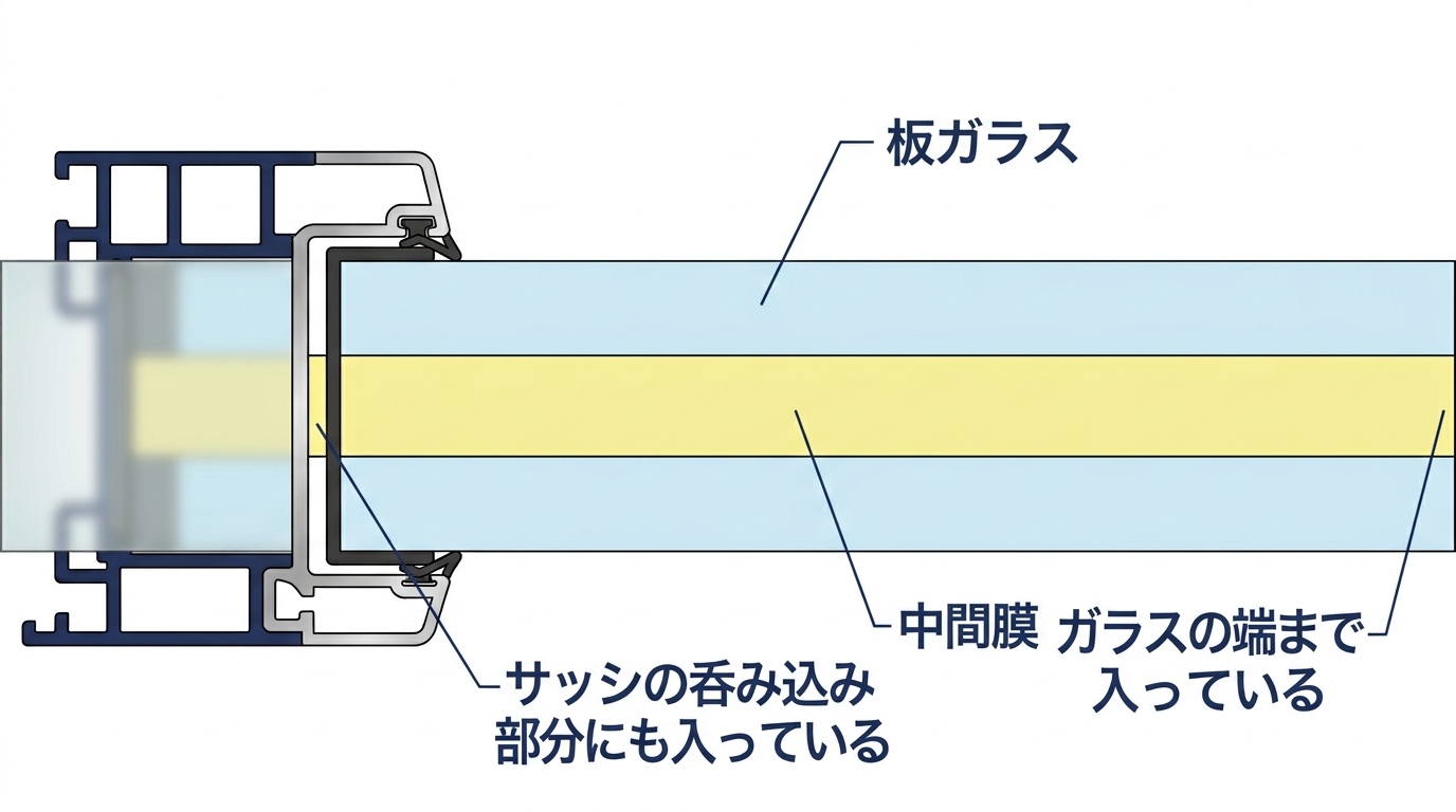 合わせガラスの小口。中間膜がガラスの端まで入っている様子