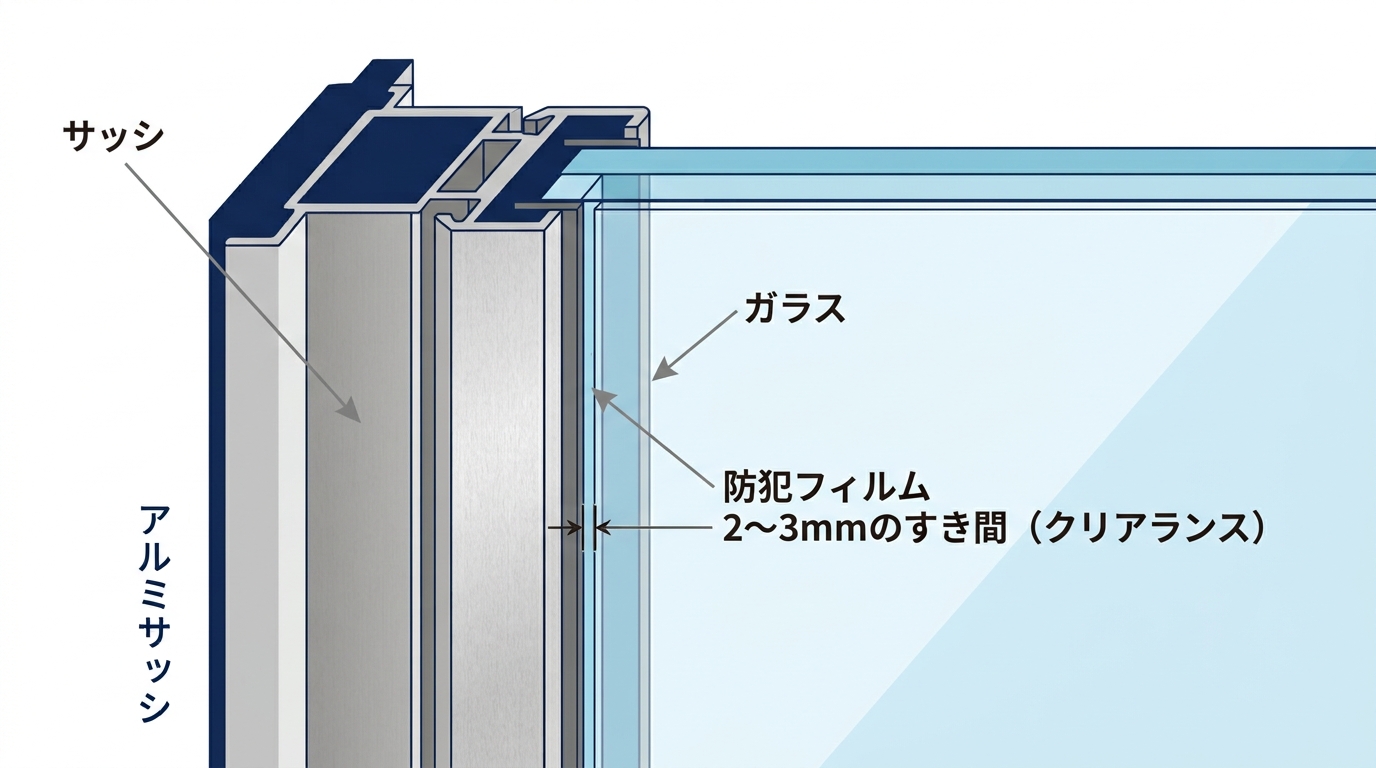 防犯フィルムとサッシのあいだにあけられたすき間(クリアランス)の拡大図
