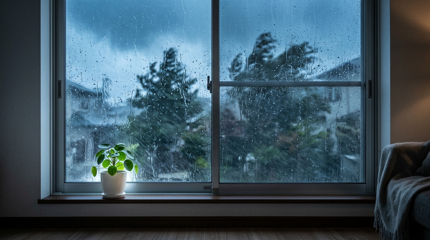 雨の日の窓辺。火災保険で窓ガラスの修理が補償されるケースを解説する記事のイメージ