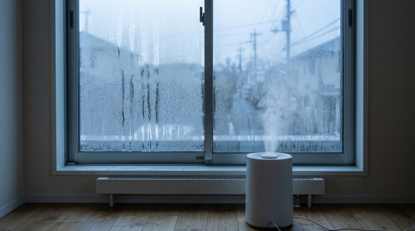 窓際に置いた加湿器で結露した冬の窓(NG例)