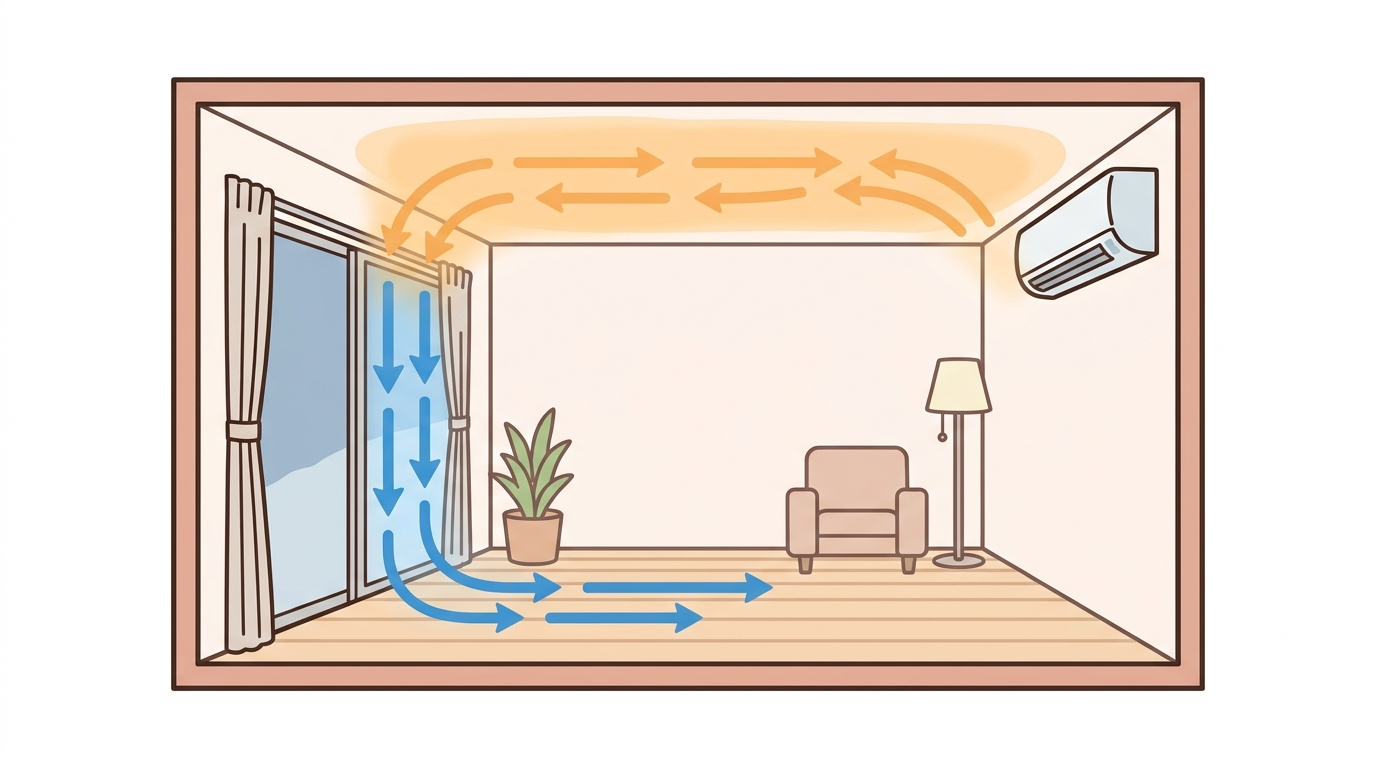 窓で冷やされた空気が床に流れ落ちるコールドドラフト現象の仕組み図