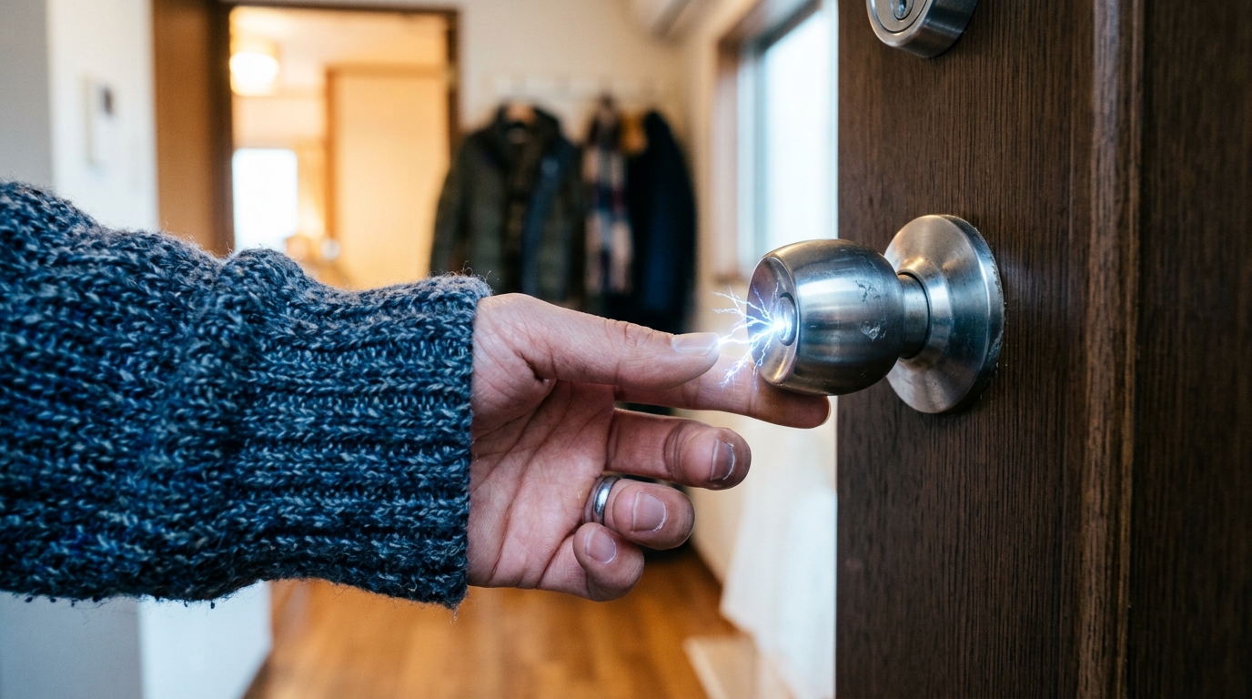 冬のドアノブで静電気がバチッと起きる瞬間のイメージ